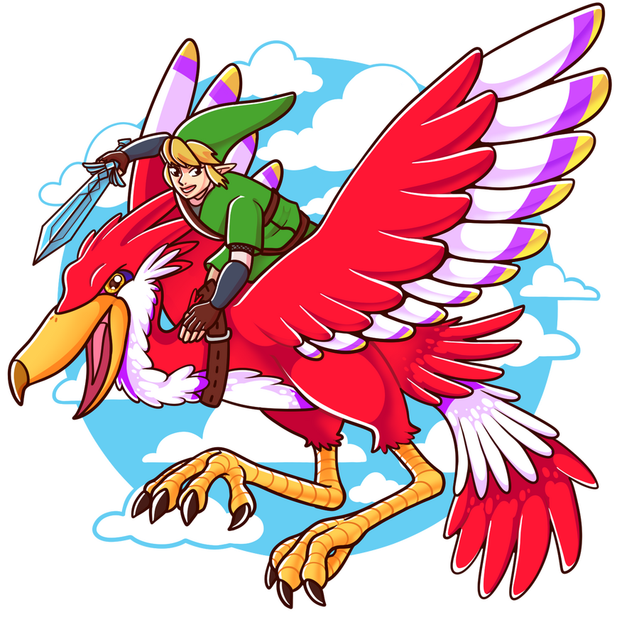 Skyward Digital Drawing of Link riding a Loftwing bird in the sky. He's holding the master sword in his right hand.