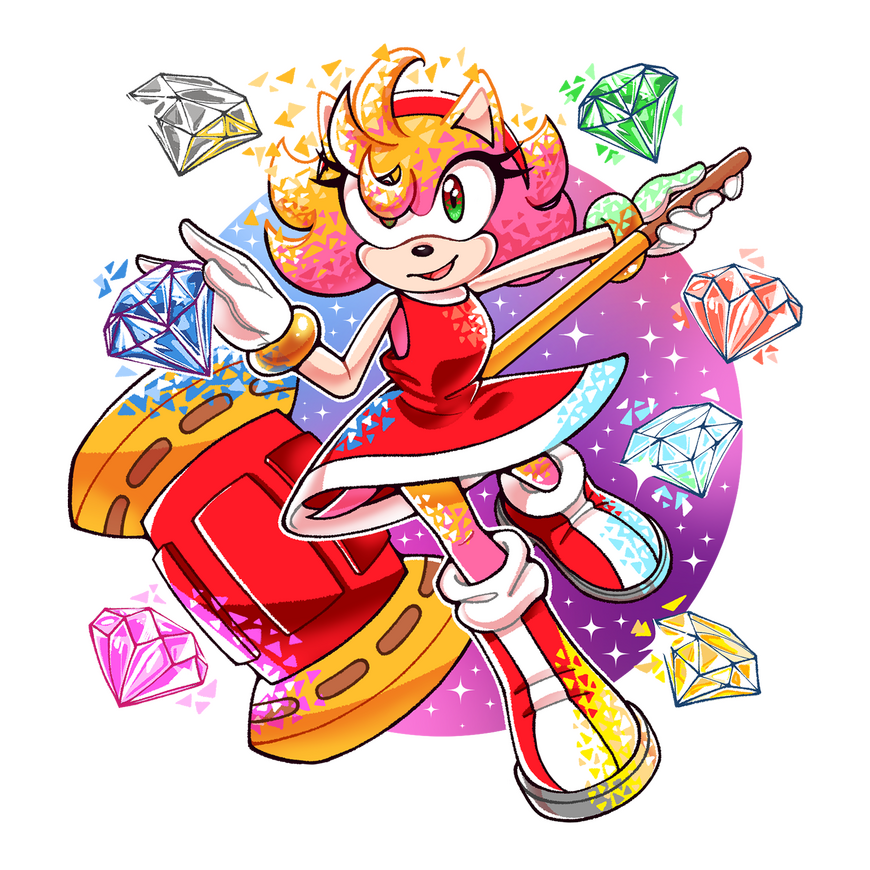 Super Amy Digital drawing of Amy Rose floating in space surrounded by the chaos emeralds. She is reaching towards an emerald while holding her giant hammer behind her back. A smile rests on her face.