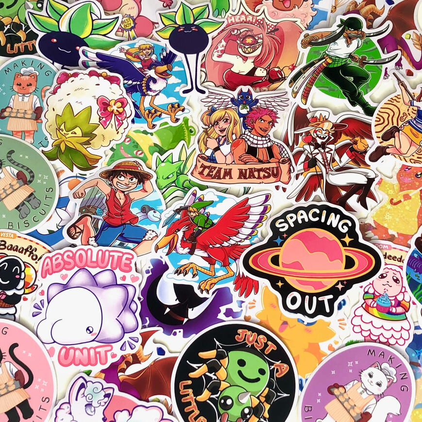 Assorted Vinyl Stickers Image of a big pile of assorted Vinyl Stickers from various fandoms, shows and games, all hand drawn by the artist.