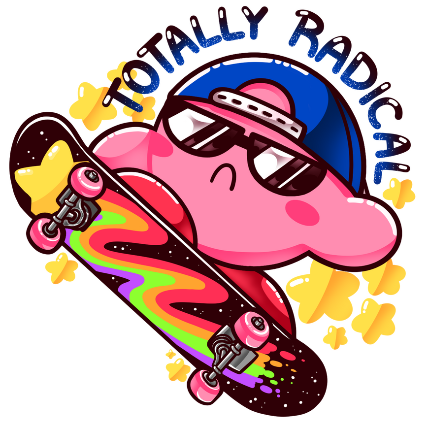 Totally Radical Kirby Digital drawing of Kirby wearing sunglasses, a backwards baseball cap, and doing a kick-flip with a skateboard. A shooting star is on the bottom of the board. The words "Totally Radical" are written above.