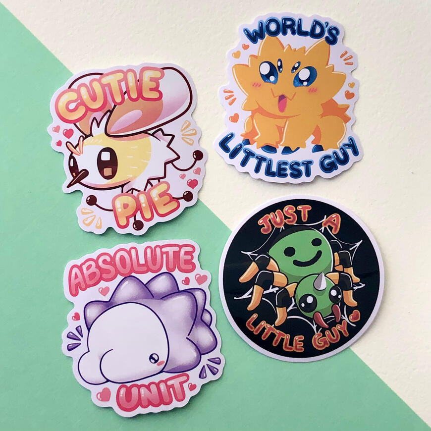 Silly Bug Types 4 stickers from left to right, top to bottom: Cutiefly with the words "Cutie Pie" written in bubble letters, Joltik with the words "World's Littlest Guy", Snom with the words "Absolute Unit" and Spinarak with the words "Just A Little Guy"
