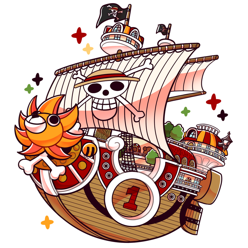 Thousand Sunny Digital drawing of the pirate ship Thousand Sunny with little sparkles surrounding it.
