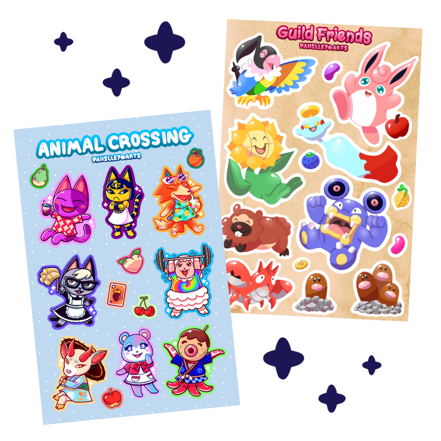 Sticker sheets 4 Digital drawing of 2 sticker sheets, left featuring animal crossing characters (Bob, Ankha, Audie, Raymond, Dom, Shino, Judy, Zucker) and the right featuring Chatot, Wigglytuff, Sunflora, Chimeco, Bidoof, Loudred, Corphish, Diglett, Dugtrio