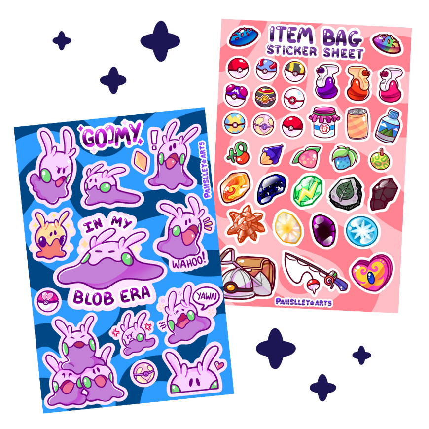 Sticker sheets 5 Digital drawing of 2 sticker sheets, left featuring Goomy in various poses, the words "In my blob era" written in the middle. The right features different items, pokeballs, and berries with the words "Item Bag sticker sheet" at the top