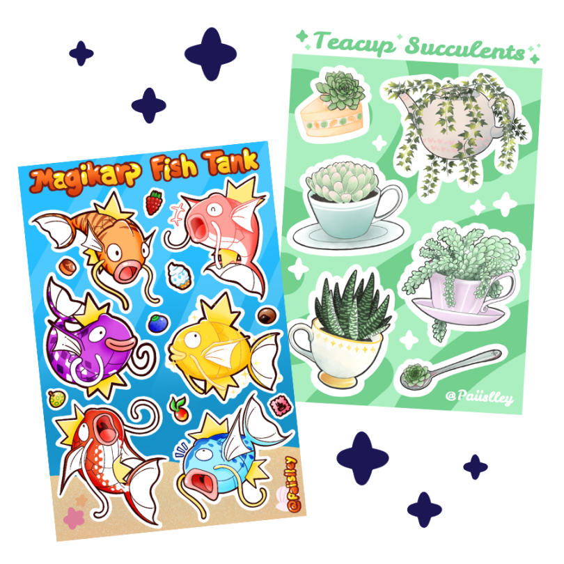 Stickersheets 2 Digital drawing of 2 sticker sheets, left featuring Magikarp with various patterns, and the right featuring succulents planted in teacups.