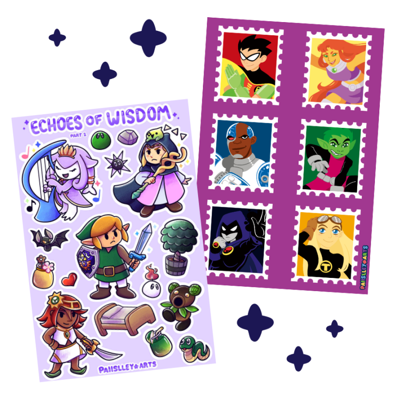 Sticker sheets 1 Digital drawing of 2 sticker sheets, the left featuring characters from LOZ echoes of wisdom, and the right featuring the main teen titans members.