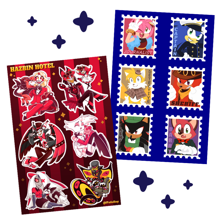 Sticker sheets 3 Digital drawings of 2 sticker sheets, left featuring 6 characters: Charlie, Alastor, Husk, Angel, Vaggie and Pentious. The right featuring 6 characters, Amy (Journalist) Sonic (Captian) Tails (Detective) Knuckles (Sheriff) Shadow (Locksmith) and Barry.