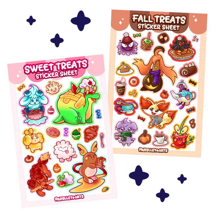 Sticker sheets 6 Digital drawings of 2 sticker sheets, left shows pokemon wearing little chefs hats and interacting with baked goods, the words "Sweet Treats" written at the top. Right shows pokemon wearing little outfits interacting with baked goods, titled "Fall Treats"