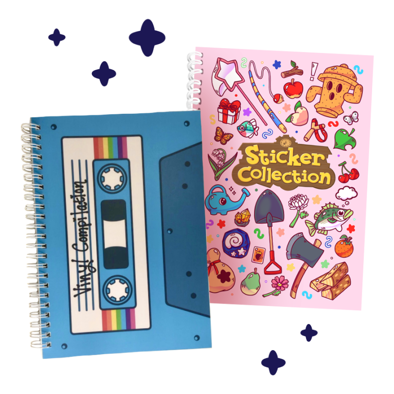 Stickerbook 2 Image of 2 stickerbooks, left looks like a blue cassette tape with the words "Vinyl Compilation" written on it, while the right says "Sticker Collection" in the center with various plants, food, tools, fish, bugs and other animals on it.