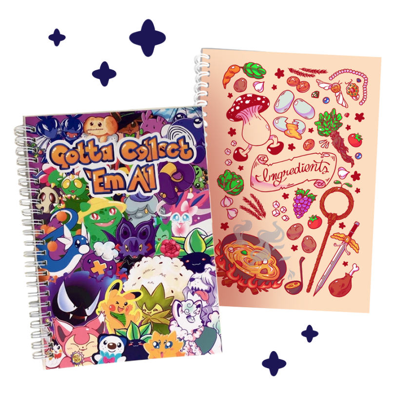 Stickerbook 1 Image of 2 sticker books, left says the words "Gotta Collect 'Em All" with lots of different creatures on it. The right says "Ingredients" written in cursive with lots of food items surrounding.