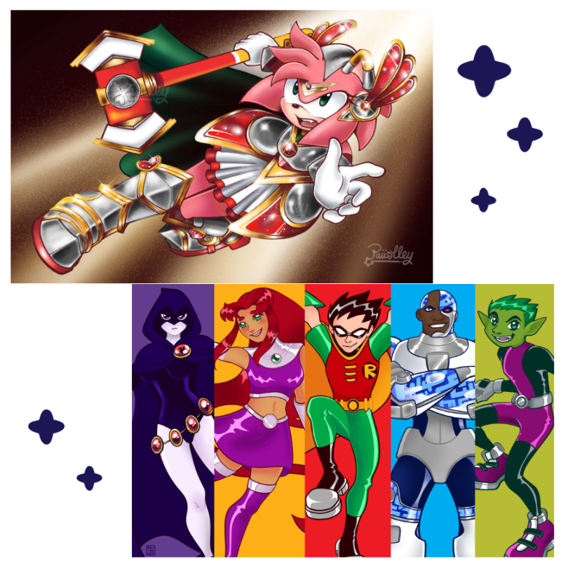 Art Prints 2 Digital drawing of 2 prints, left featuring Amy wearing armor and holding a giant hammer in a dynamic pose, a fierce expression on her face. Right features all 5 teen titans members in dynamic poses.
