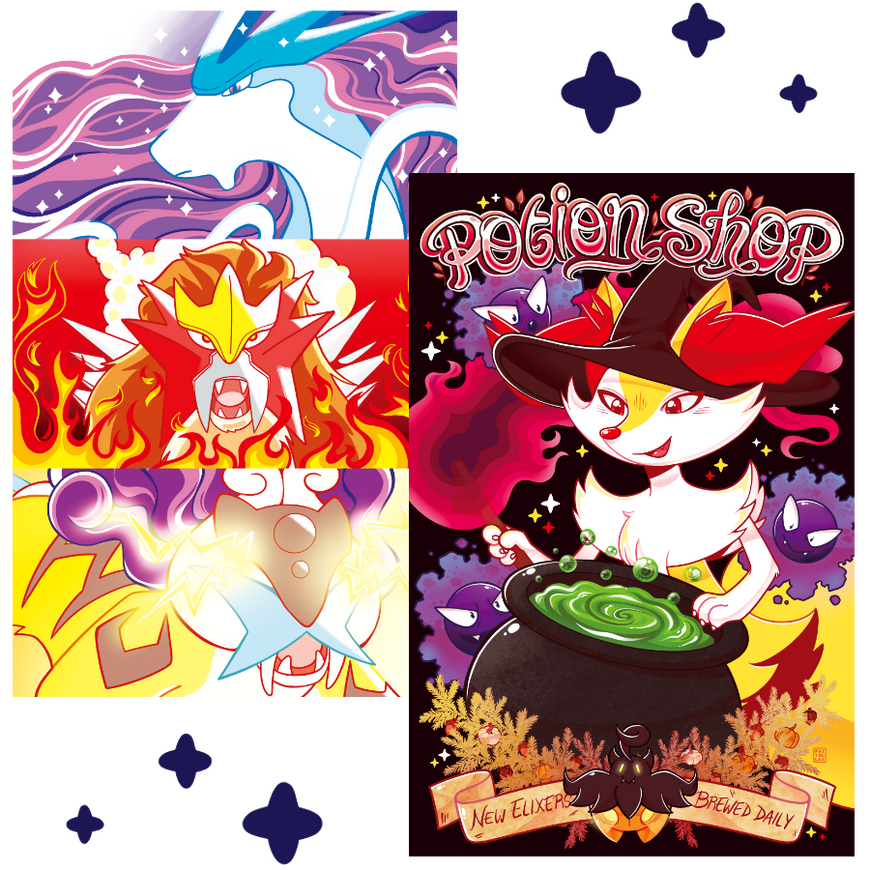 Arts Prints 4 Digital drawing of 2 prints, left featuring Suicune, Entei surrounded by flames, and Raikou firing electricity, separated in 3 sections. Right shows Braixen mixing potions in a cauldron, little ghosts float around. Words "Potion Shop Elixirs Brewed Daily"