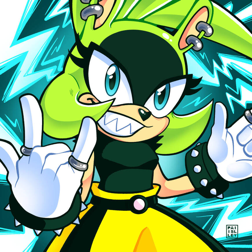 Digital drawing of the character Surge. She is grinning almost maniacally at the viewer, hands held in the "Rock On" pose out in front of her. Electricity crackles in the background behind her.