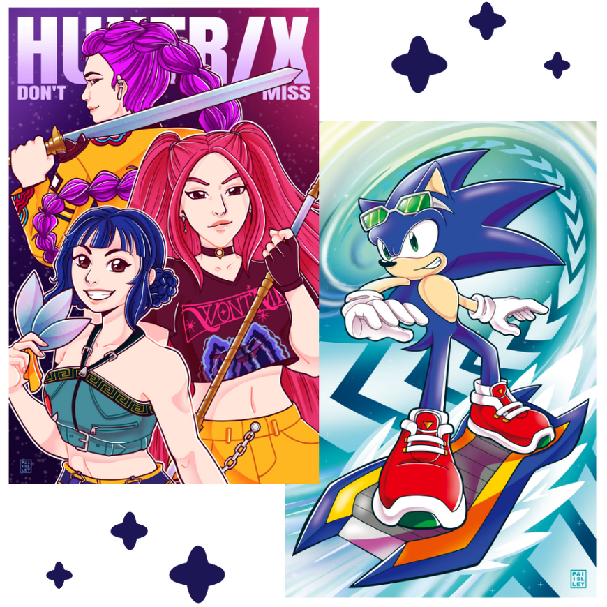 Art Prints 3 Digital drawing of 2 prints, left featuring Rumi, Mira, and Zoey from KPDH, each holding their weapons and smiling at the viewer. The words "Huntr/x Don't Miss" are typed behind them. Right features Sonic riding an Extreme Gear on a wind current.