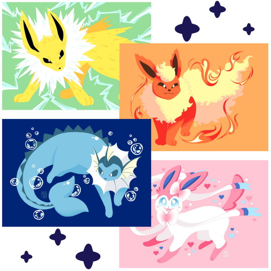 Eevees 1 Digital art of 4 prints, from left to right, top to bottom featuring Jolteon with electricity, , Flareon with flames, Vaporeon with bubbles, and Sylveon with hearts