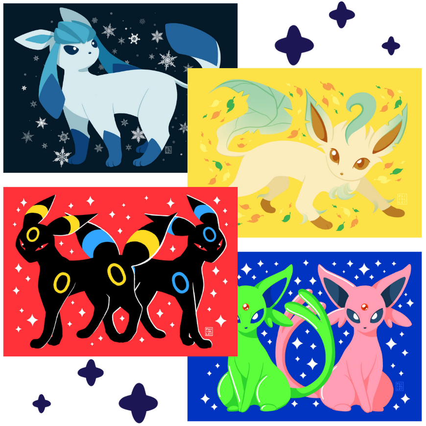 Eevees2 Digital art of 4 prints, from left to right, top to bottom featuring Glaceon with snowflakes, Leafeon with leaves, Umbreon with sparkles, and Espeon with sparkles