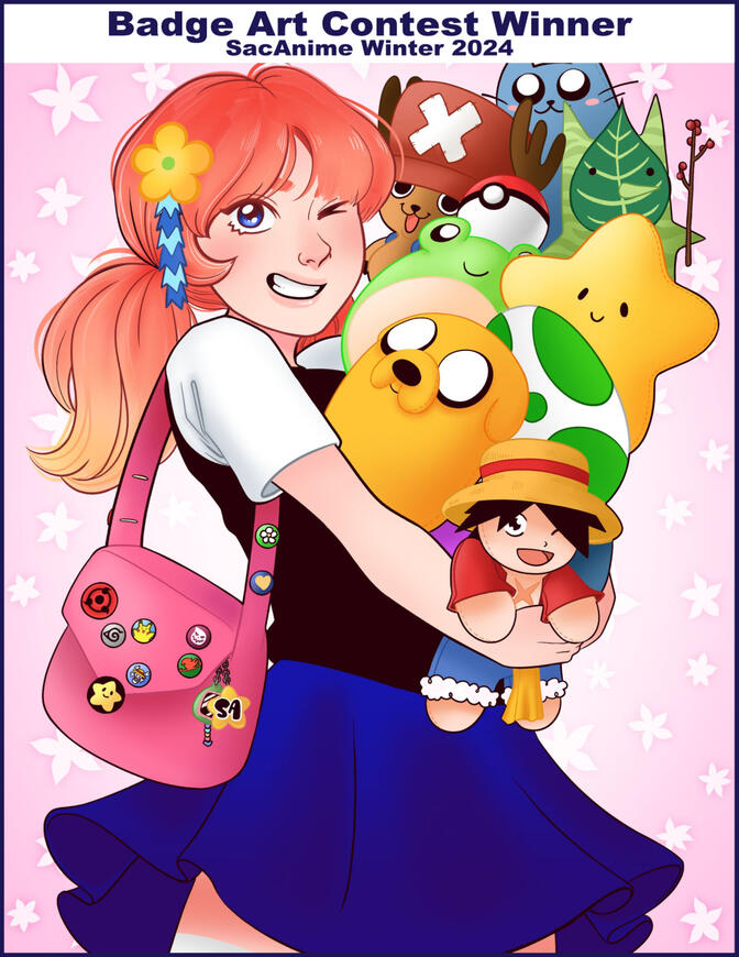 ArtContest2 Image of my digital drawing that won the Badge Art Contest for SacAnime Winter's 2024 convention. It features their mascot Hoshi holding an armful of various stuffed animals like Jake the Dog, Monkey D Luffy, Chopper, Happy and more. She is smiling
