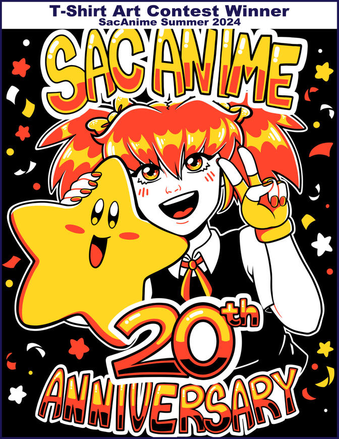 ArtContest3 Image of my digital drawing that won the T-shirt Art Contest for SacAnime Summer's 2024 convention. It features Hoshi and Sparkle Chan hugging while confetti falls around them, the words "Sac Anime 20th Anniversary" are above and below them