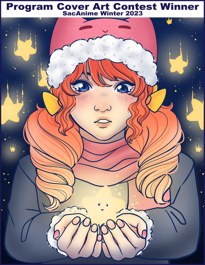 ArtContest1 Image of my digital drawing that won the Program Cover Art Contest for SacAnime Winter's 2023 convention. It features their mascot Hoshi wearing a winter coat and hat catching a falling star in her hands as more fall behind her