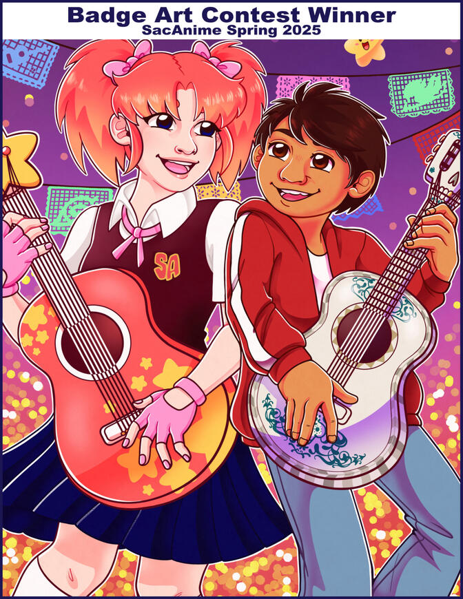 ArtContest4 Image of my digital drawing that won the Badge Art Contest for SacAnime Spring's 2025 convention. It features their mascot Hoshi playing guitar with Miguel from Coco