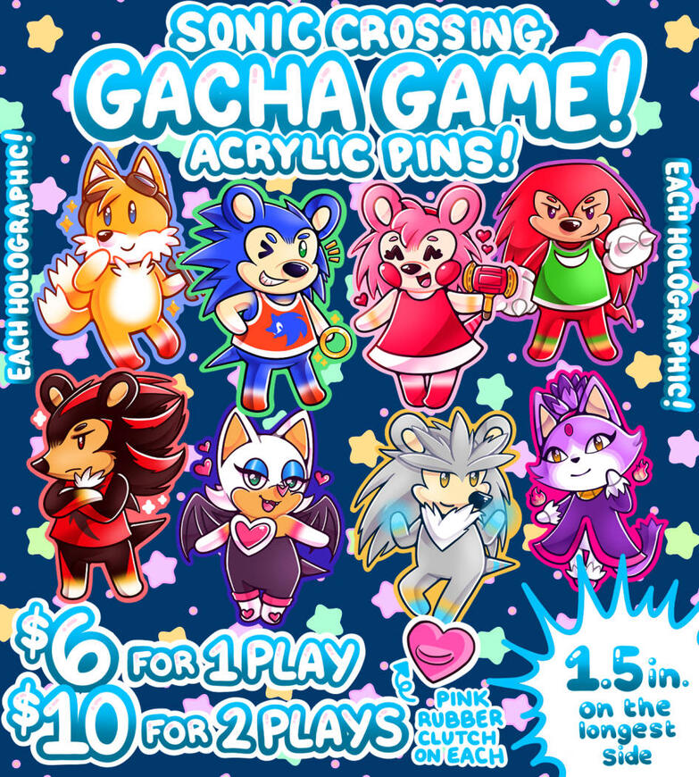 Sonic Gacha Game Digital advertisement of Gacha Game prizes, the words "Sonic Crossing Gacha Game! Acrylic Pins" are written on the top. From left to right, top to bottom the characters featured are Tails, Sonic, Amy, Knuckles, Shadow, Rouge, Silver, and Blaze
