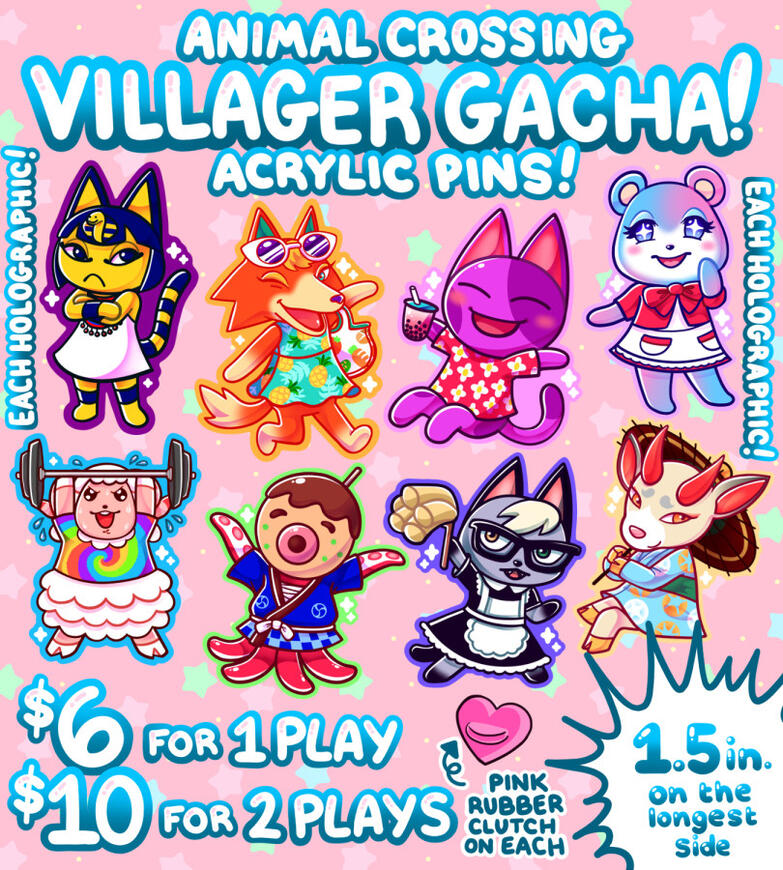 Gacha Game Digital advertisement of Gacha Game prizes, the words "Animal Crossing Villager Gacha! Acrylic Pins!" are written on the top. From left to right, top to bottom the characters featured are Ankha, Angie, Bob, Judy, Dom, Zucker, Raymond, and Shino
